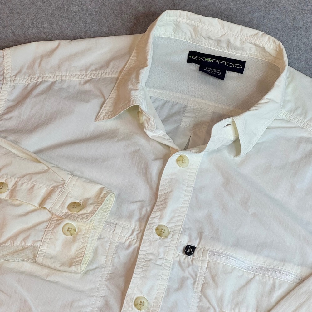 ExOfficio Air Strip Mens Medium Long Sleeve Fishing Hiking Shirt Cream Nylon